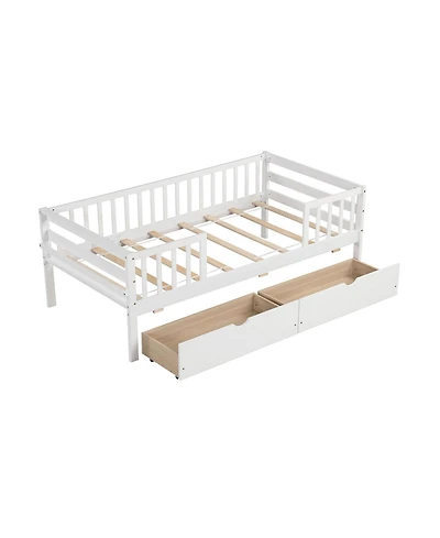 Twin Daybed with Fence and 2 Drawers Kids Bed for Boys & Girls-White