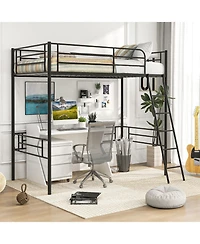 Skonyon Twin Metal Loft Bed Frame with Ladder and Metal Slats Support-Black
