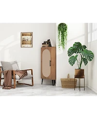 Simplie Fun Freestanding Corner Table with Rattan Door