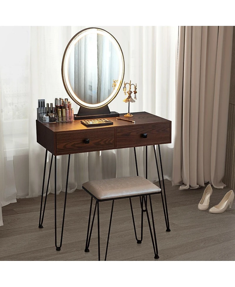 Industrial Makeup Dressing Table with 3 Lighting Modes-Rustic Brown