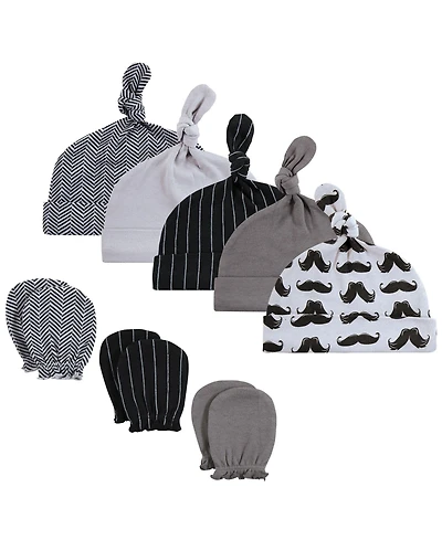 Hudson Baby Boys Essential 8-Piece Set Knotted Beanie Hats and Anti-Scratch Mitts
