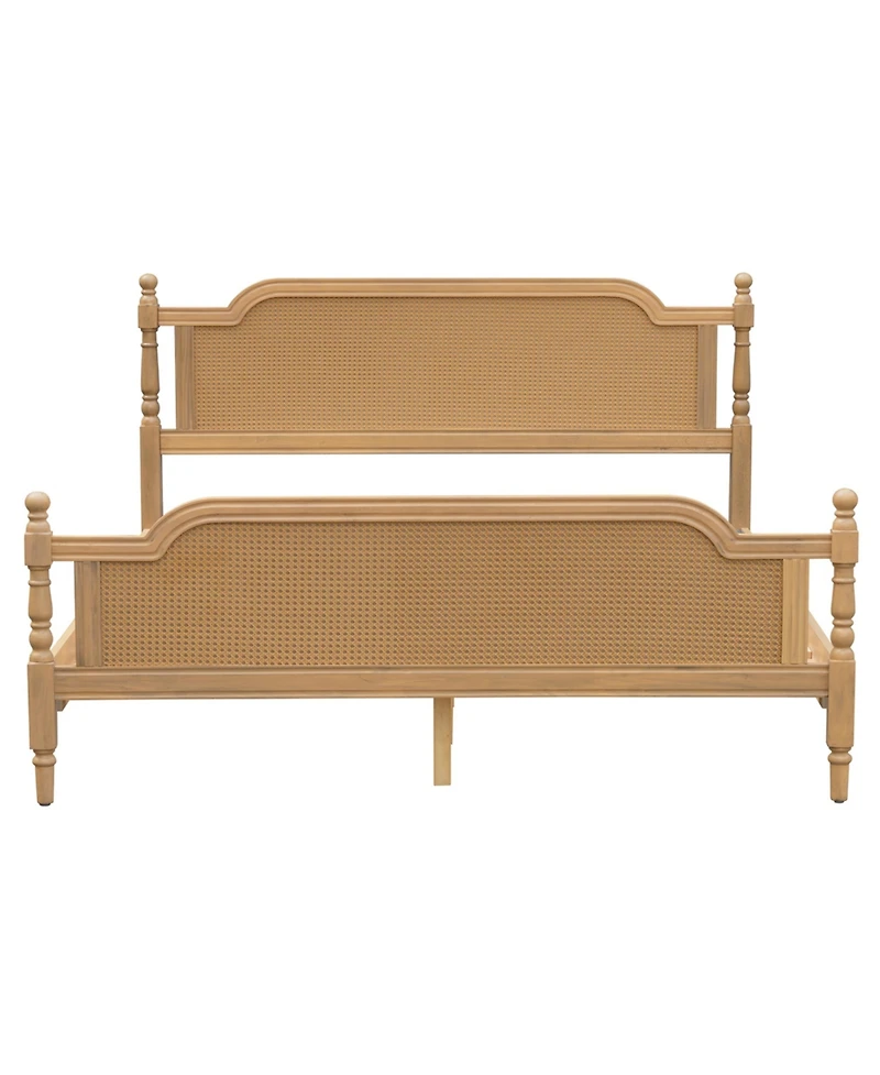 Traditional Style Rattan King Size Bed Frame,No Box Spring Needed,Antique Walnut