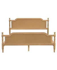 Traditional Style Rattan King Size Bed Frame,No Box Spring Needed,Antique Walnut