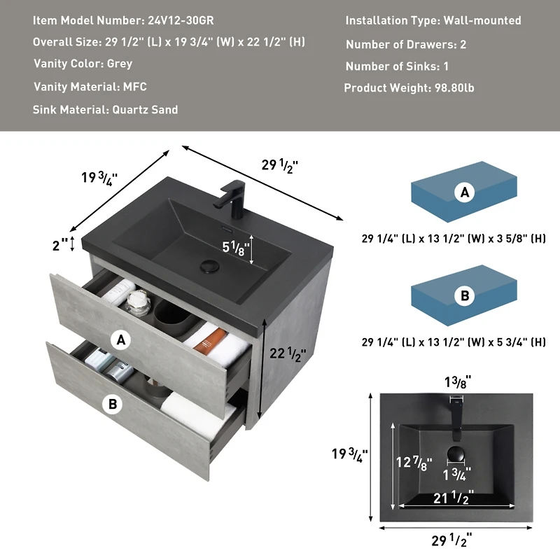 Streamdale Furniture Modern 30" Floating Vanity with Black Quartz Top, Grey