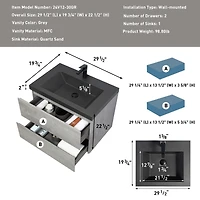 Streamdale Furniture Modern 30" Floating Vanity with Black Quartz Top, Grey