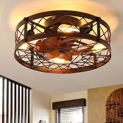 Streamdale Caged Ceiling Fans with Lights, 20" Black Flush Mount