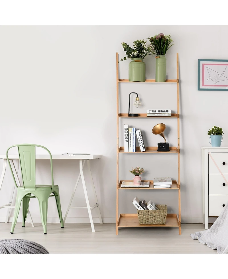 Skonyon 5-Tier Ladder Shelf Bamboo Bookshelf Wall-Leaning Storage Display Plant Stand-Natural