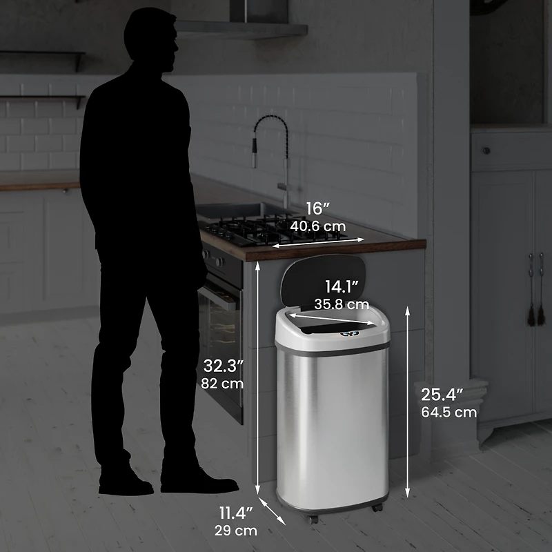 iTouchless Stainless Steel Oval Sensor Trash Can with Wheels and AbsorbX Odor Filter 13 Gallon Silver