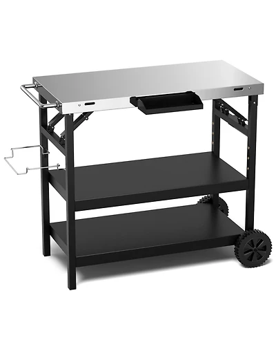 Sugift 3 Tiers Foldable Outdoor Cart on 2 Wheels with Phone Holder-Black