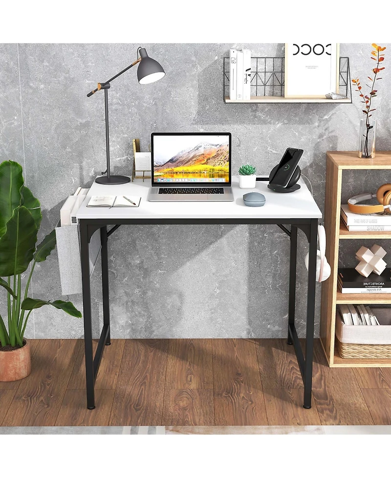 Costway 32" Computer Desk Small with Charging Station Storage Bag & Headphone Hook