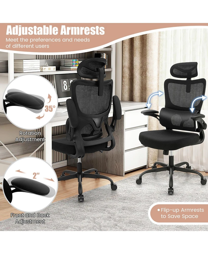 Mesh Office Chair with Adaptive Lumbar Support Flip-up Armrests Reclining Backrest-Black