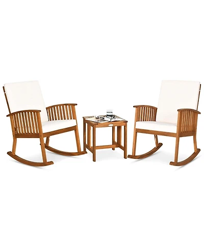 Costway 3 Pieces Acacia Wood Rocking Bistro Set with Coffee Table and Cushions for Lawn