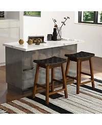 Faux Pu Leather Bar Height Stools Set of 2 with Woven Curved Seat-25 Inches
