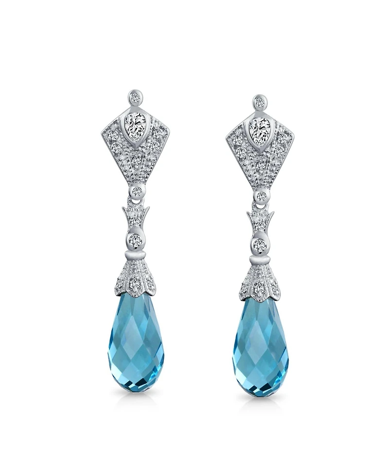 Bling Jewelry Deco Style Aqua Blue Briolette Faceted Teardrop Cubic Zirconia Cz Chandelier Earrings Sterling Silver