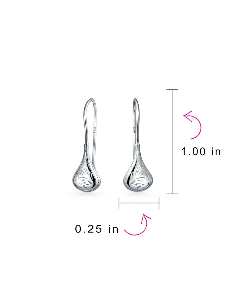 Bling Jewelry Carved Etched Puffed Pear Shaped Rain Drop Teardrop Earrings Fishhook Sterling Silver
