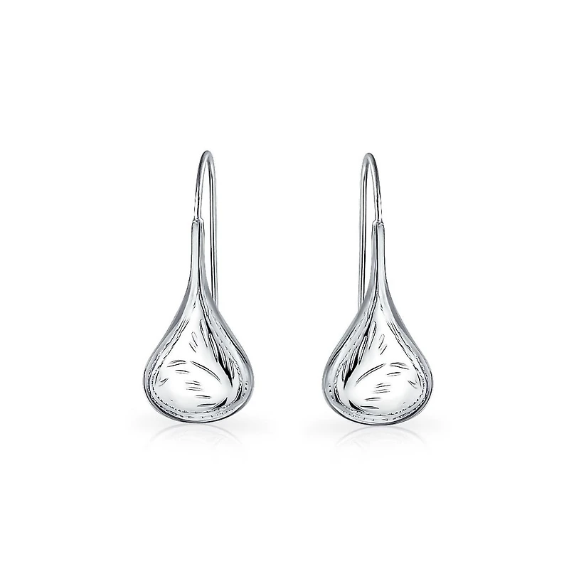 Bling Jewelry Carved Etched Puffed Pear Shaped Rain Drop Teardrop Earrings Fishhook Sterling Silver