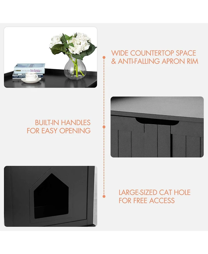 Cat Litter Box Enclosure with Double Doors for Large Cat and Kitty-Black
