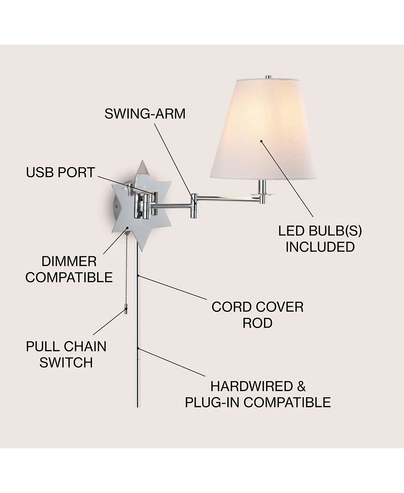 Jonathan Y David 18.5" 1-Light Modern French Country Swing Arm Plug-In or Hardwired Iron Led Star Wall Sconce with Pull-Chain and Usb Charging Port