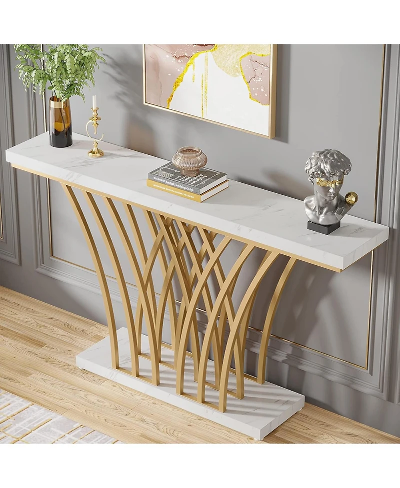 Tribesigns 59.06 inch Gold Console Table, Modern Entryway Table with Grid-Shaped Metal Base for Entrance, Hallway, Entryway, Living Room(White Faux Ma