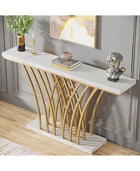 Tribesigns 59.06 inch Gold Console Table, Modern Entryway Table with Grid-Shaped Metal Base for Entrance, Hallway, Entryway, Living Room(White Faux Ma