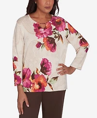 Alfred Dunner Petite Wine Country Watercolor Floral Beaded Split Neck Top