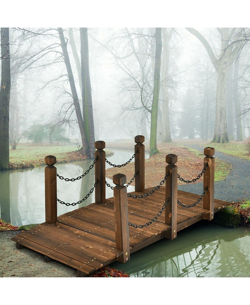 Skonyon 5 Feet Wooden Garden Bridge Arc Footbridge Stained Finish Walkway with Safety Rails