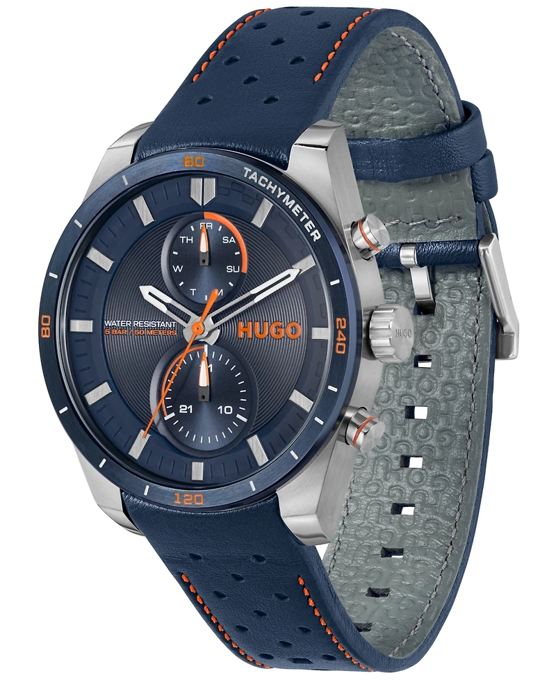 Hugo Boss Men's Fast Quartz Multifunction Blue Leather Watch 44mm