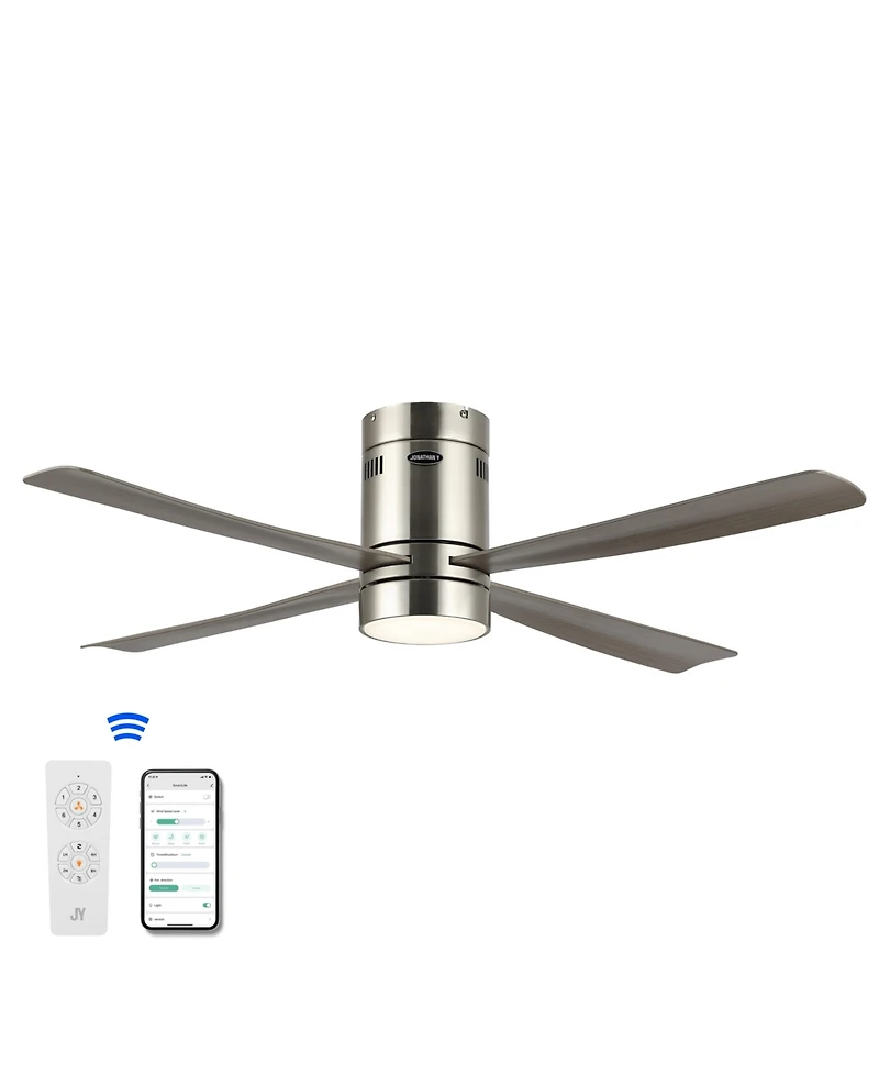 Jonathan Y Theo 52" 1-Light Contemporary Minimalist Iron/Acrylic Mobile-App/Remote-Controlled 6-Speed Integrated Led Ceiling Fan, Nickel/Gray Wood Fin