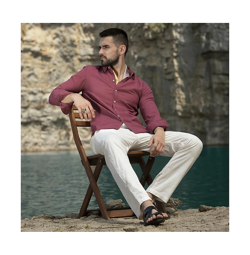 Men's Blush Red Self-Design Striped Shirt
