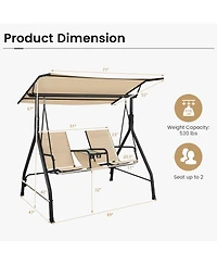 Costway 2-Seat Outdoor Patio Swing Adjustable Canopy Tempered Glass Table Top Cup Holder Beige