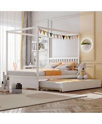 Gymax Full Size Canopy Bed with Trundle Wooden Platform Bed Frame Headboard Grey