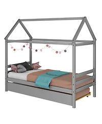 Gymax Twin House Bed Frame w/ Trundle Roof Wooden Platform Mattress Foundation Grey