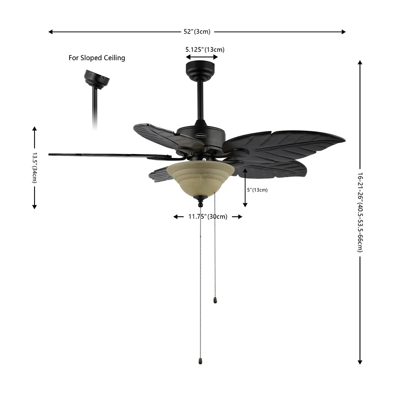 Jonathan Y Poinciana 52" 3-Light Coastal Bohemian Iron/Wood Palm Leaf Led Ceiling Fan with Pull Chain, Black