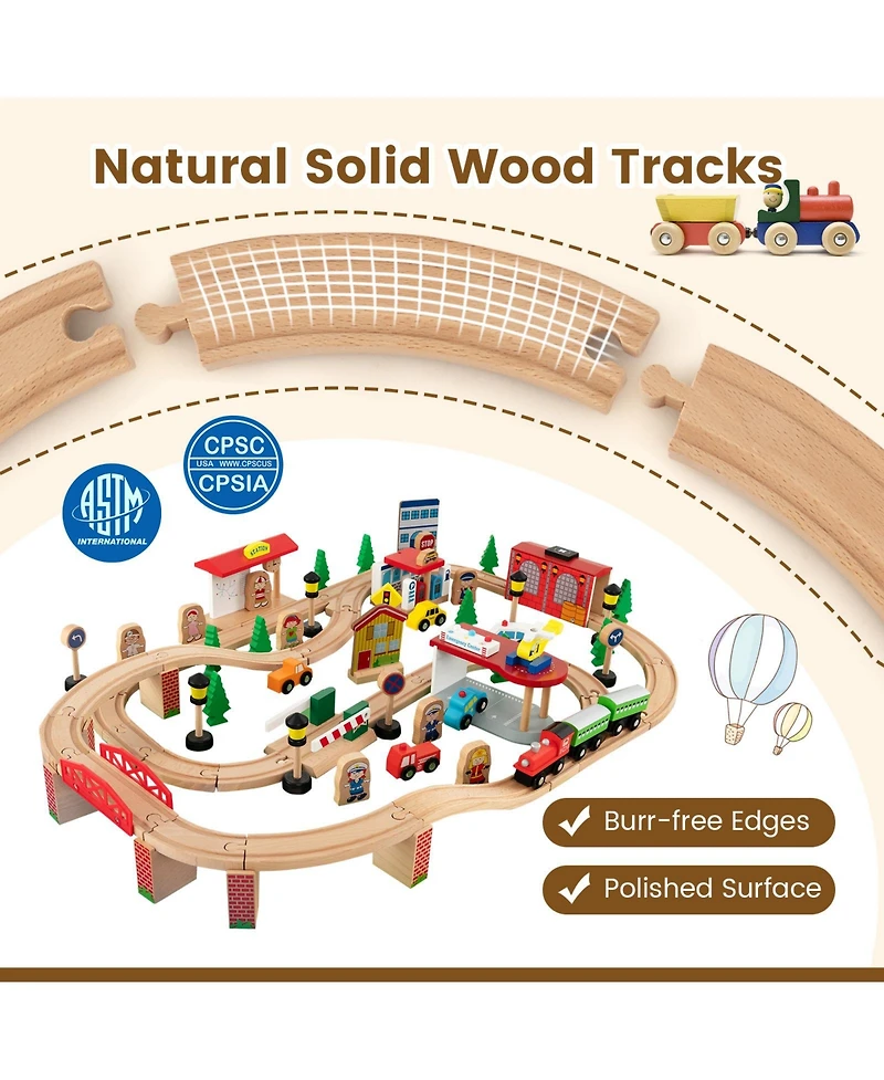 Givimo 84-Piece Wooden Train Set with Reversible and Detachable Tabletop