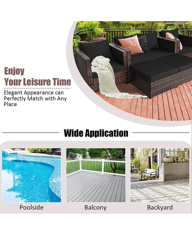 5PCS Patio Rattan Furniture Set Loveseat Sofa Ottoman Cushioned