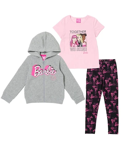 Barbie Little Girls Zip Up Fleece Hoodie T-Shirt and Leggings 3 Piece Outfit Set