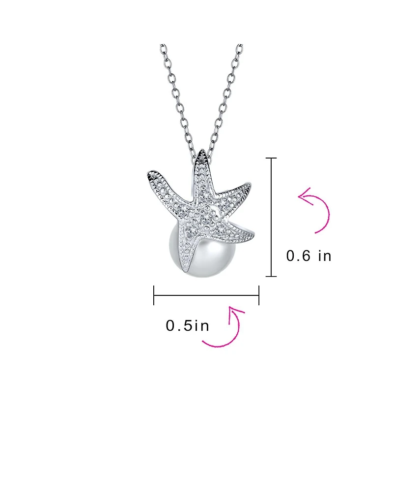 Bling Jewelry Nautical Round Simulated Pearl Starfish Pendant Necklace and Earrings Set Silver