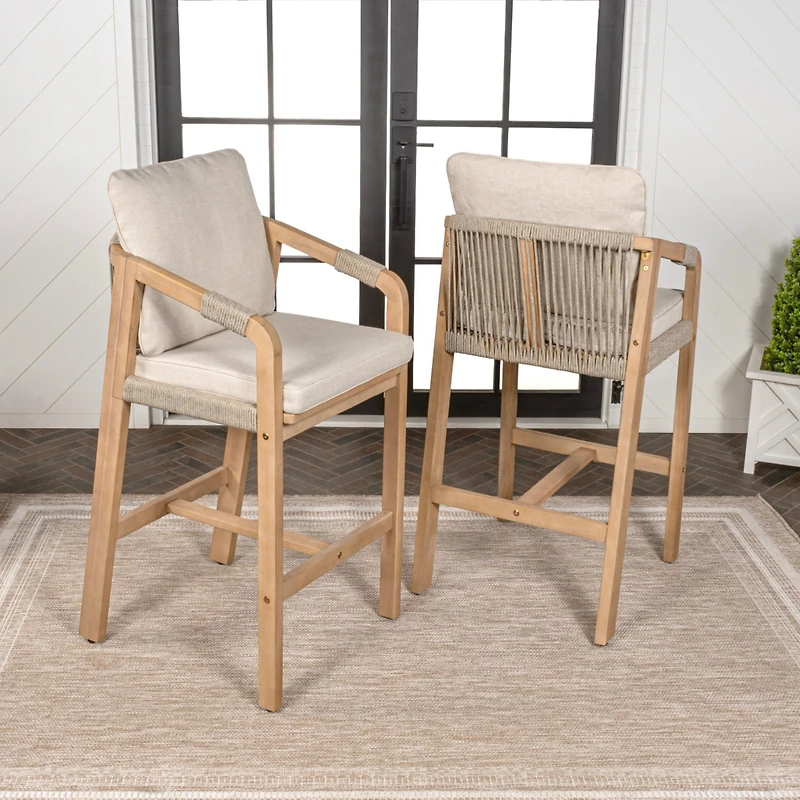 Jonathan Y Porto Modern Coastal Tub Roped Acacia Wood Outdoor Bar Stool with Cushions and Armrests (Set of 2)