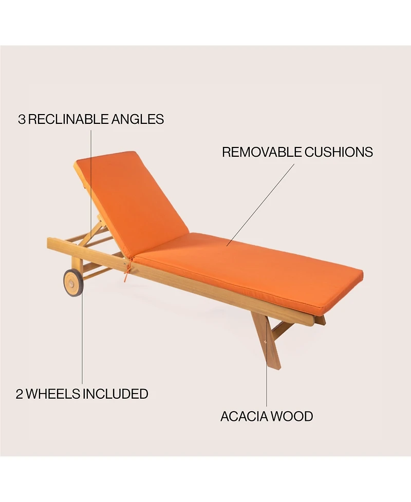 Jonathan Y Mallorca Modern Classic Foldable Adjustable Wood Chaise Outdoor Lounge Chair with Cushion & Wheels
