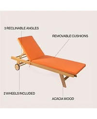 Jonathan Y Mallorca Modern Classic Foldable Adjustable Wood Chaise Outdoor Lounge Chair with Cushion & Wheels