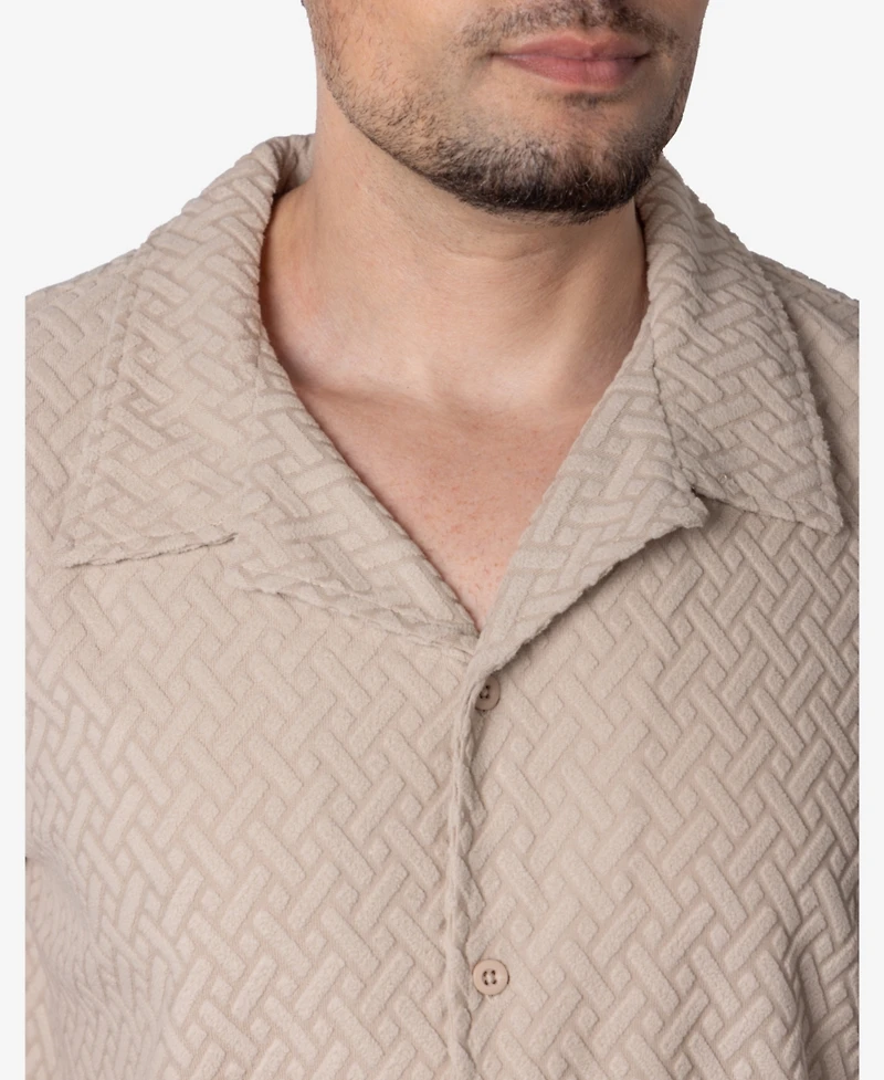Spring + Mercer Men's Casual Textured Camp Collar Short Sleeve Button-Up Shirt