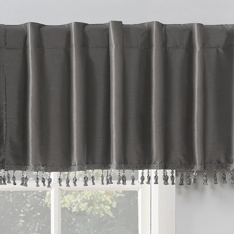 Evelina Faux Dupioni Silk Beaded Tassels Thermal Extreme 100% Blackout Back Tab Curtain Valance