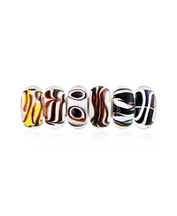 Bling Jewelry Mixed Set Of 6 Bundle Sterling Silver Core Translucent Shades Of White Black Brown Murano Glass Stripe Circle Swirl Charm Bead Spacer Fi