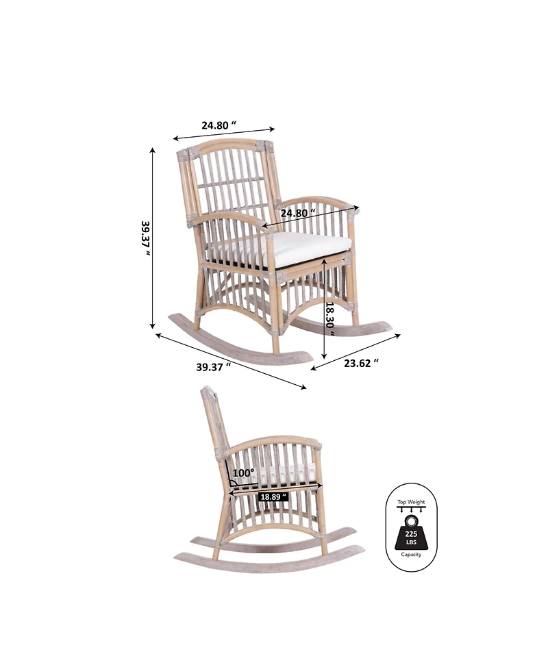 Jonathan Y Swayze Bohemian Farmhouse Woven Rattan/Wood Rocking Chair, White Cushion with Gray/White Wash Frame