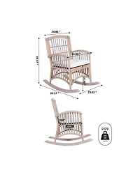 Jonathan Y Swayze Bohemian Farmhouse Woven Rattan/Wood Rocking Chair, White Cushion with Gray/White Wash Frame