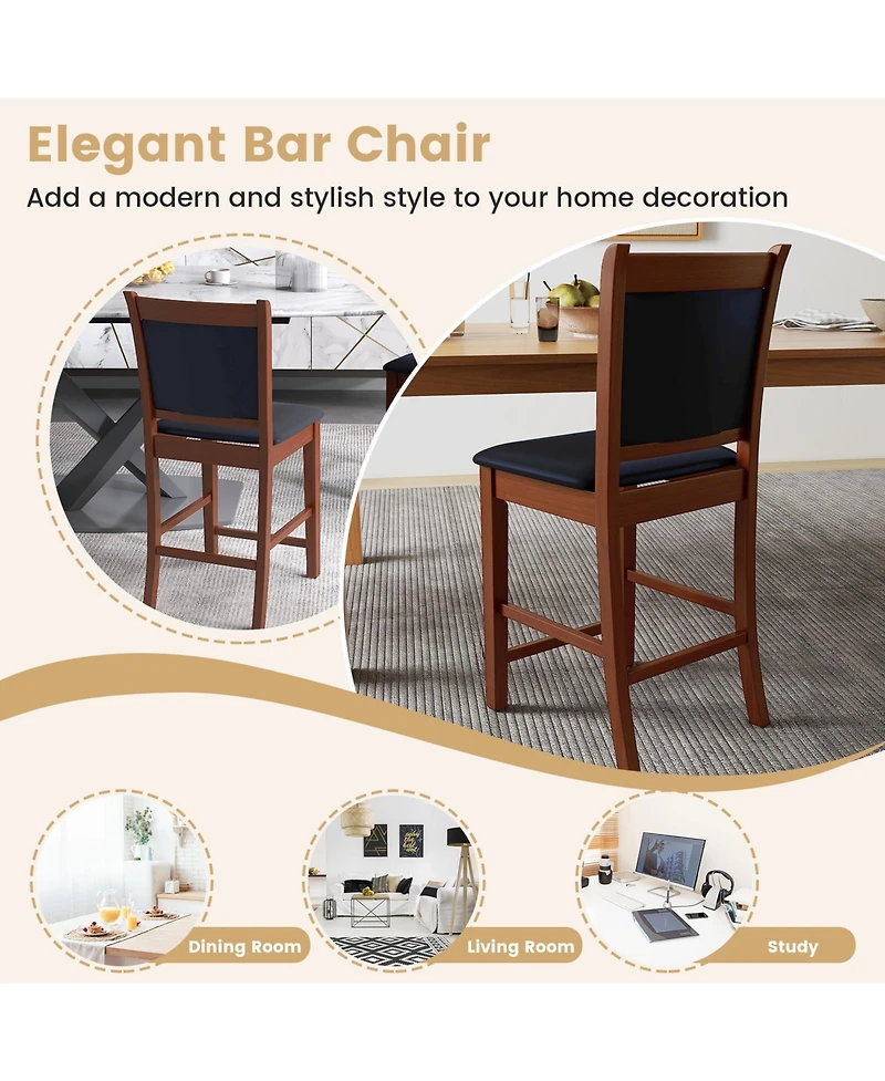 Sugift Upholstered Counter Stool Set of 2 with Solid Rubber Wood Frame-Brown