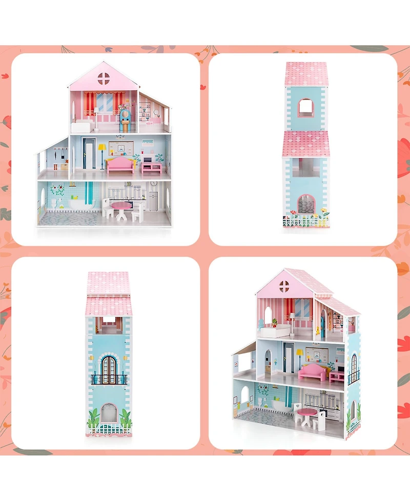 Costway Wooden Dollhouse For Kids 3-Tier Toddler Doll House W/Furniture Gift For Age 3+