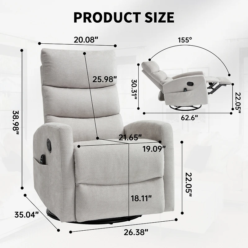 Mondawe Swivel and Rocker Power Recliner Chair, with Usb Type-c Ports