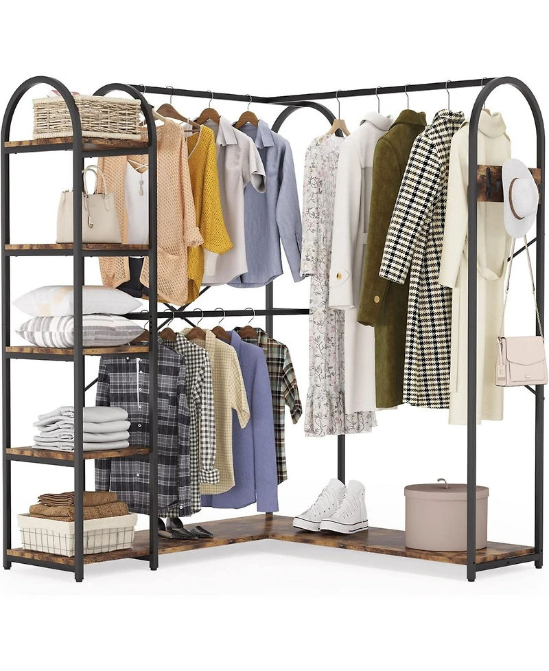 Tribesigns L-Shaped Garment Rack with Shelves, Heavy Duty Corner Clothes Rack with Coat Hooks, Anti-toppling Device, Cloth Hanger Standing Clothing Ra