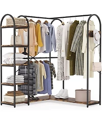 Tribesigns L-Shaped Garment Rack with Shelves, Heavy Duty Corner Clothes Rack with Coat Hooks, Anti-toppling Device, Cloth Hanger Standing Clothing Ra